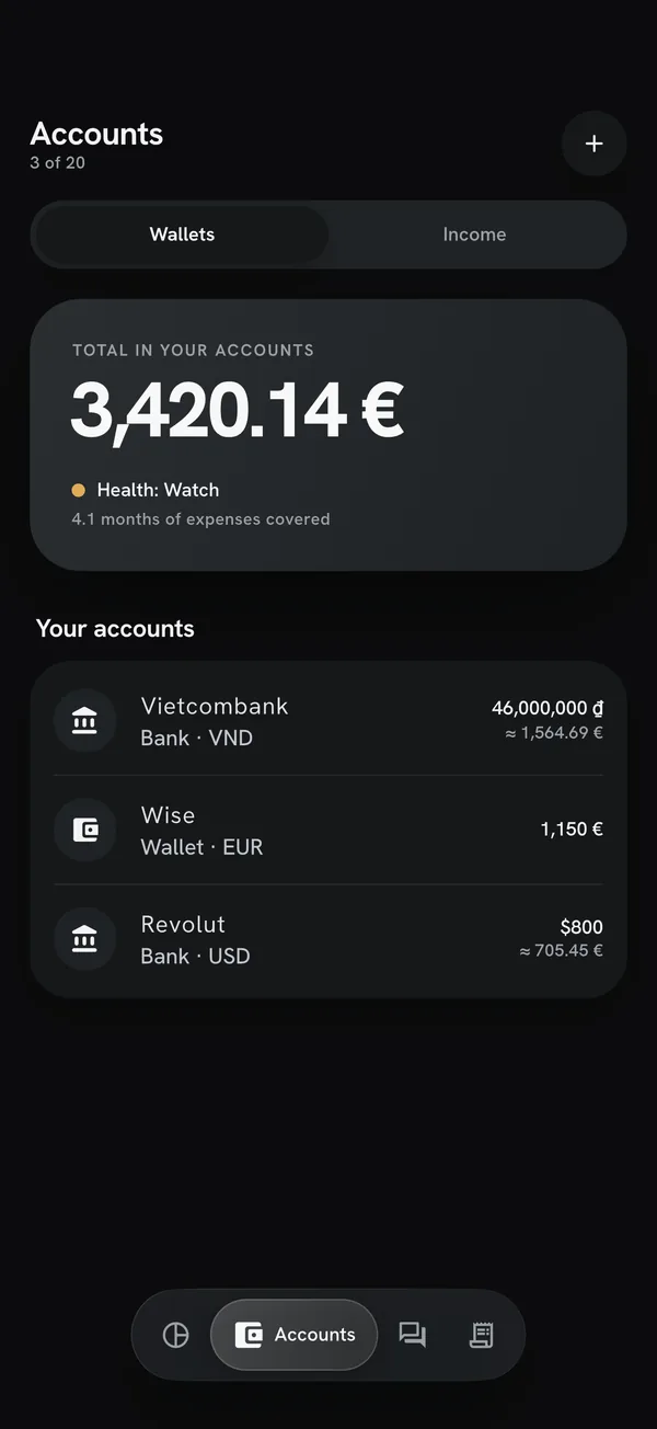 Accounts screen: total of all accounts, savings health and months of expenses covered