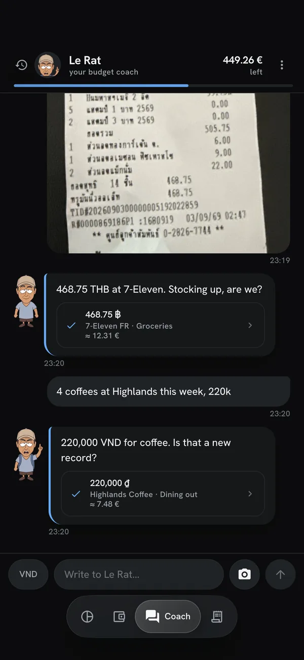 Conversation with the Rat: a receipt photo, the expense logged and his reaction