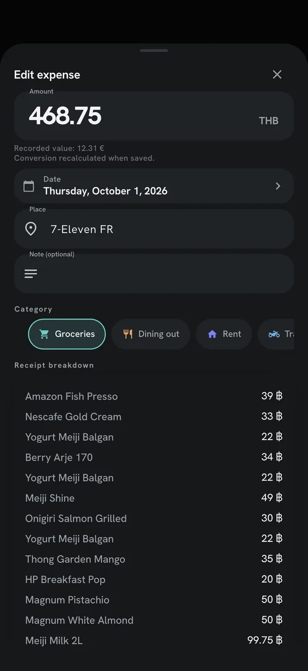 Edit expense screen: a receipt expense in baht, with the receipt breakdown line by line
