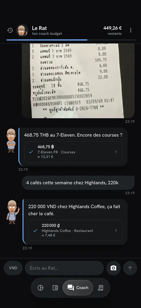 Conversation avec le Rat : une photo de ticket, la dépense enregistrée et sa réaction