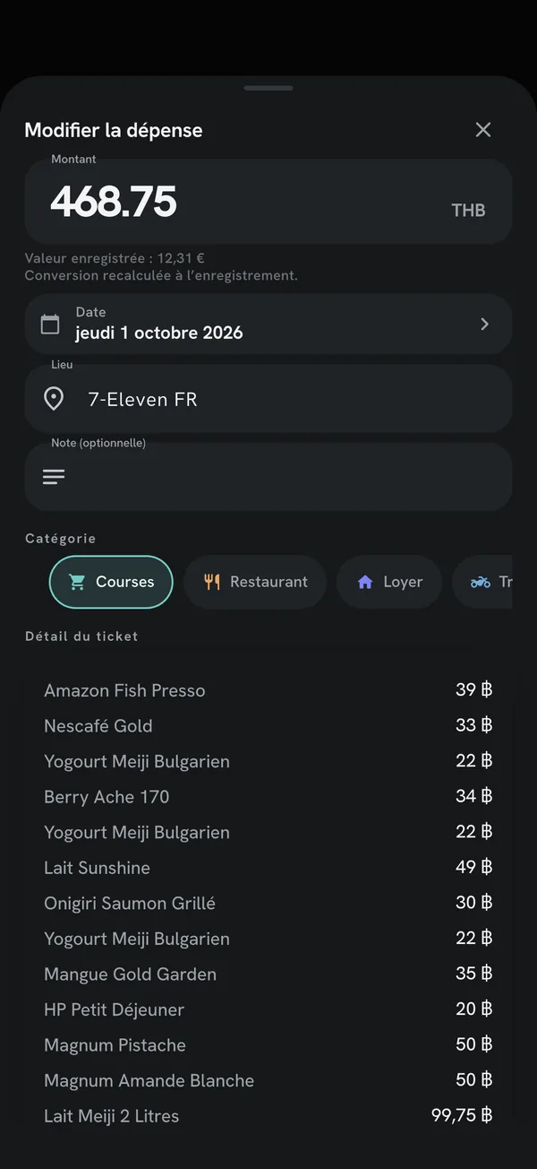 Écran Modifier la dépense : 468,75 bahts au 7-Eleven, avec le détail du ticket ligne par ligne